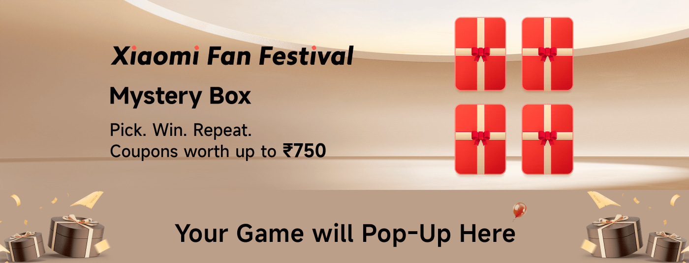 Xiaomi Fan Festival offers a Mystery Box with the slogan "Pick. Win. Repeat." Participants can win coupons worth up to ₹750. The design features several red gift boxes and a festive background, enhancing the promotional theme.