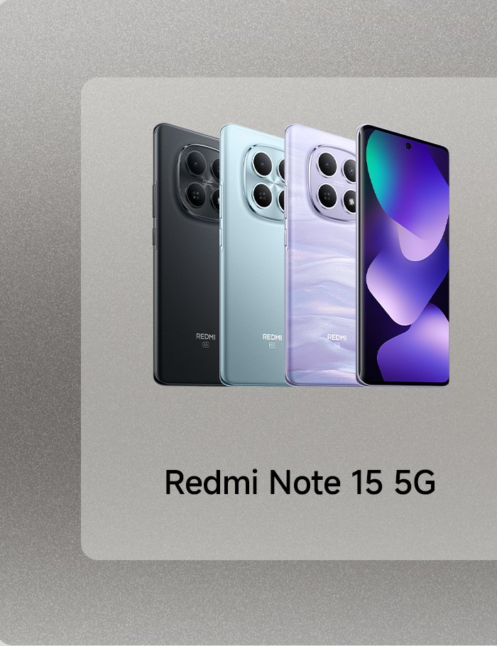 It showcases three different colored Redmi Note 15 5G phones against a gray background. The phones are neatly arranged, and the colors include black, light blue, and purple.