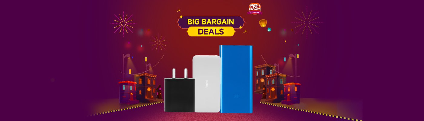 The black and white charger is placed alongside a blue power bank, with a background of a city street in a festive atmosphere, and the text reads "BIG BARGAIN DEALS".