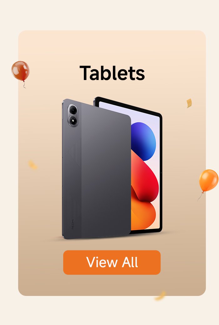 Showcased are two tablets, with a light-colored background, balloons and decorations at the top, and a "View All" button at the bottom.