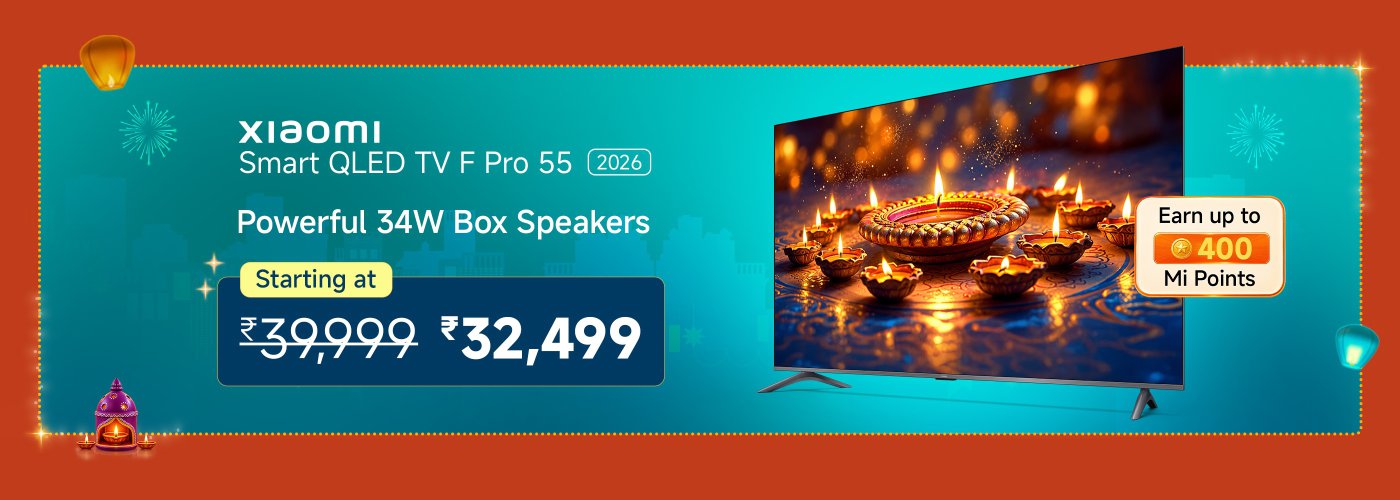 Xiaomi Smart QLED TV F Pro 55 (2026) features powerful 34W box speakers. Priced at ₹39,999, it is available starting at ₹32,499. Earn up to 400 Mi Points with the purchase. The background shows decorative lamps.