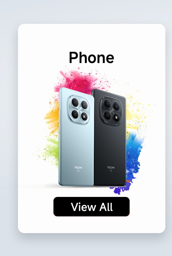An advertisement for a mobile phone, showcasing two different colored phones with a colorful watercolor effect in the background. At the bottom, there is a "View All" button.