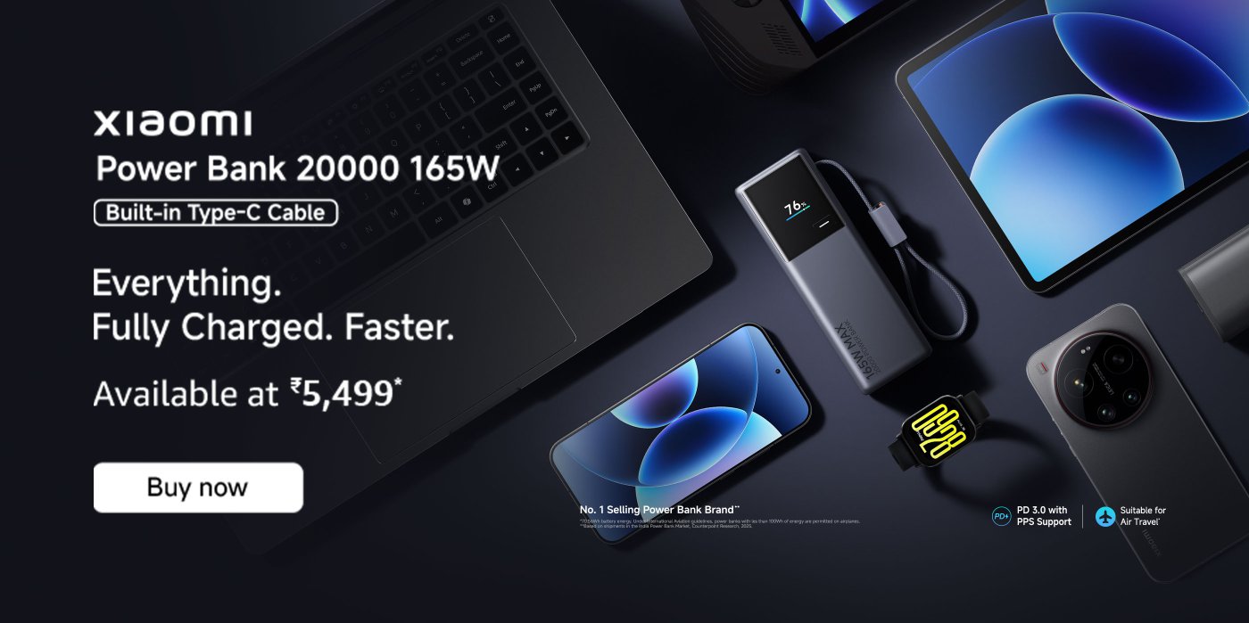 Xiaomi Power Bank 20000 with a 165W output and built-in Type-C cable. It features a display showing 76% battery. The power bank is surrounded by a laptop, smartphone, tablet, and smartwatch. It emphasizes fast charging and is available at a discounted price.