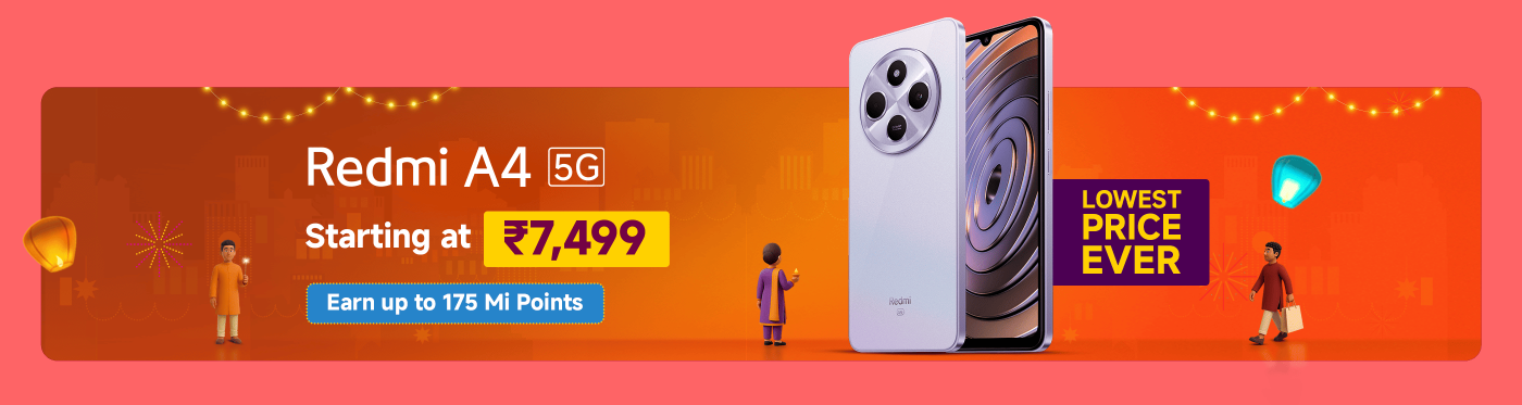 Redmi A4 5G smartphone, starting at ₹7,499, originally priced at ₹10,999, offering up to 180 Mi Points.