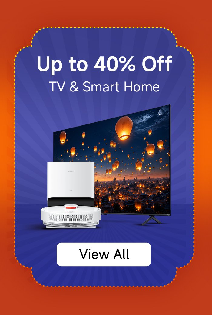 Promotional information displays that TVs and smart home products can enjoy discounts of up to 40%. The image features a TV and other smart devices, with a "View All" button next to them. The background colors are bright and eye-catching.