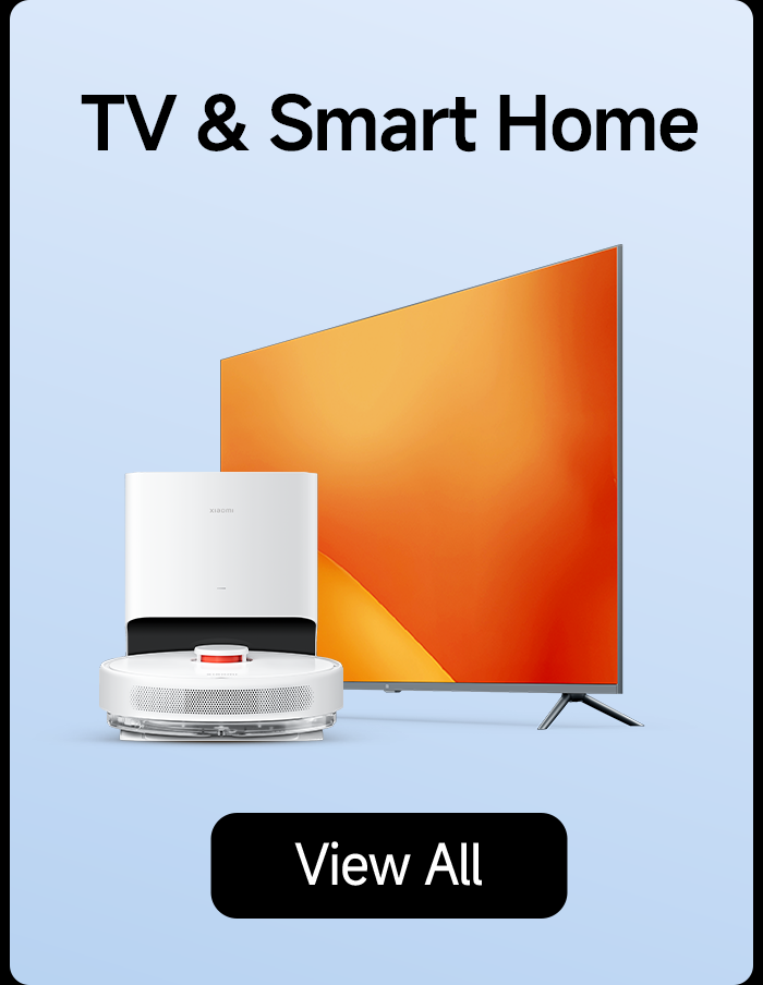 A television and a smart home device (possibly a robotic vacuum cleaner) are placed side by side, with a light blue background and a "View All" button at the bottom.