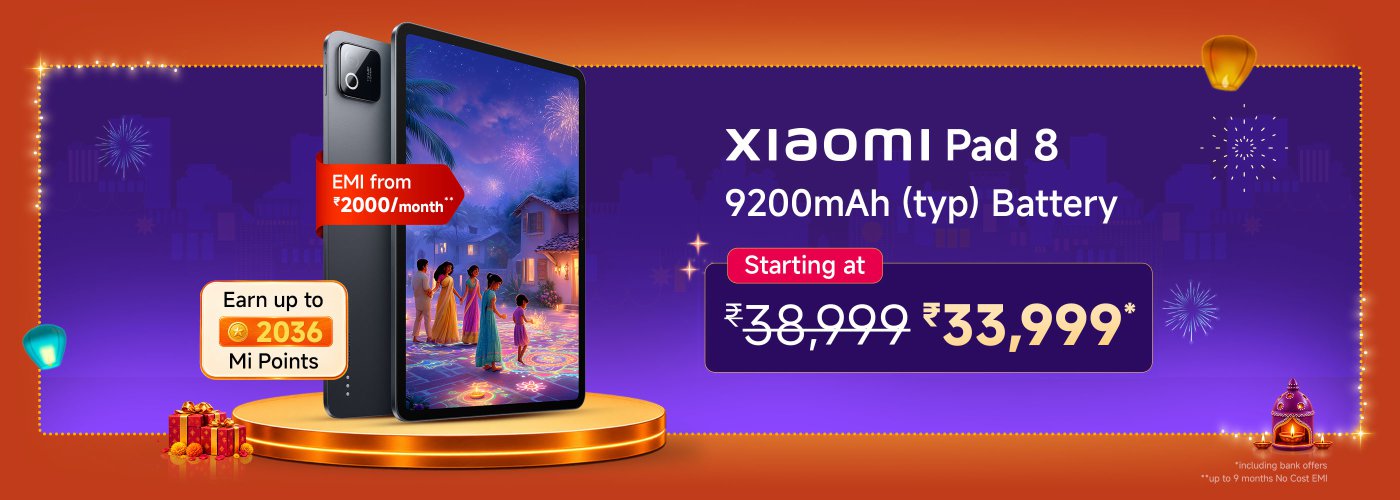 Xiaomi Pad 8 advertisement showcasing a tablet with a 9200mAh battery. The price starts at ₹19,999, with a total cost of ₹33,999. Customers can avail EMI options from ₹2000/month and earn up to 2036 Mi Points. The background features festive decorations and fireworks.
