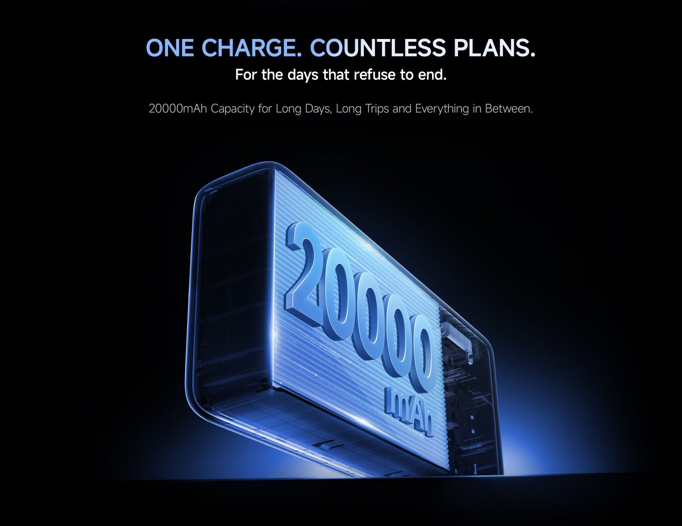 A blue power bank, marked with "67W" and "20000", with a black background. The text includes "NEVER MISS A MOMENT" and "67W Turbo Charging That Keeps Pace with Your Day".