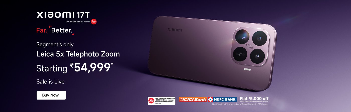Xiaomi 17T smartphone advertisement emphasizes its unique Leica 5x telephoto feature, with a starting price of ₹54,999. It offers a buyback guarantee worth ₹36,000, is currently on promotion, and there are also bank offers for a discount of ₹5,000.
