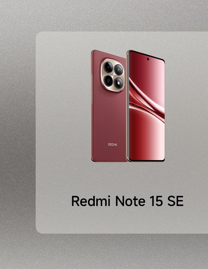 A red Redmi Note 15 SE phone is displayed against a silver-gray background, with red patterns on the screen and three cameras on the back.