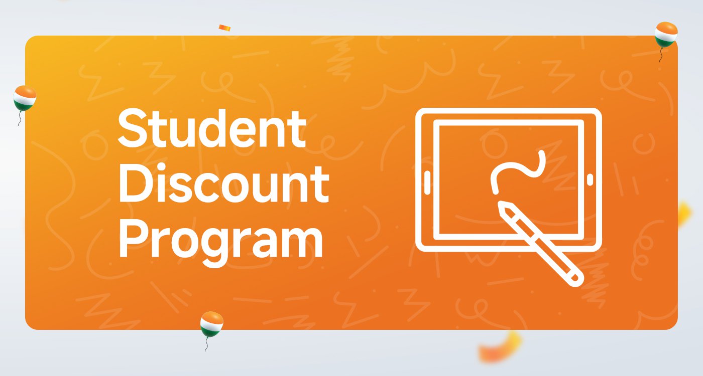 Student discount plan, the icon displays a tablet and a pen, with an orange background adorned with festive decorations.