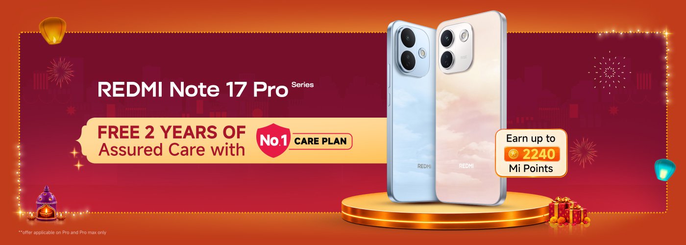The advertisement showcases the Redmi Note 17 Pro series smartphones, with one phone on each side and a festive background. The text includes "Earn up to 2240 Mi Points" and "Enjoy 2 years of No.1 warranty plan for free."