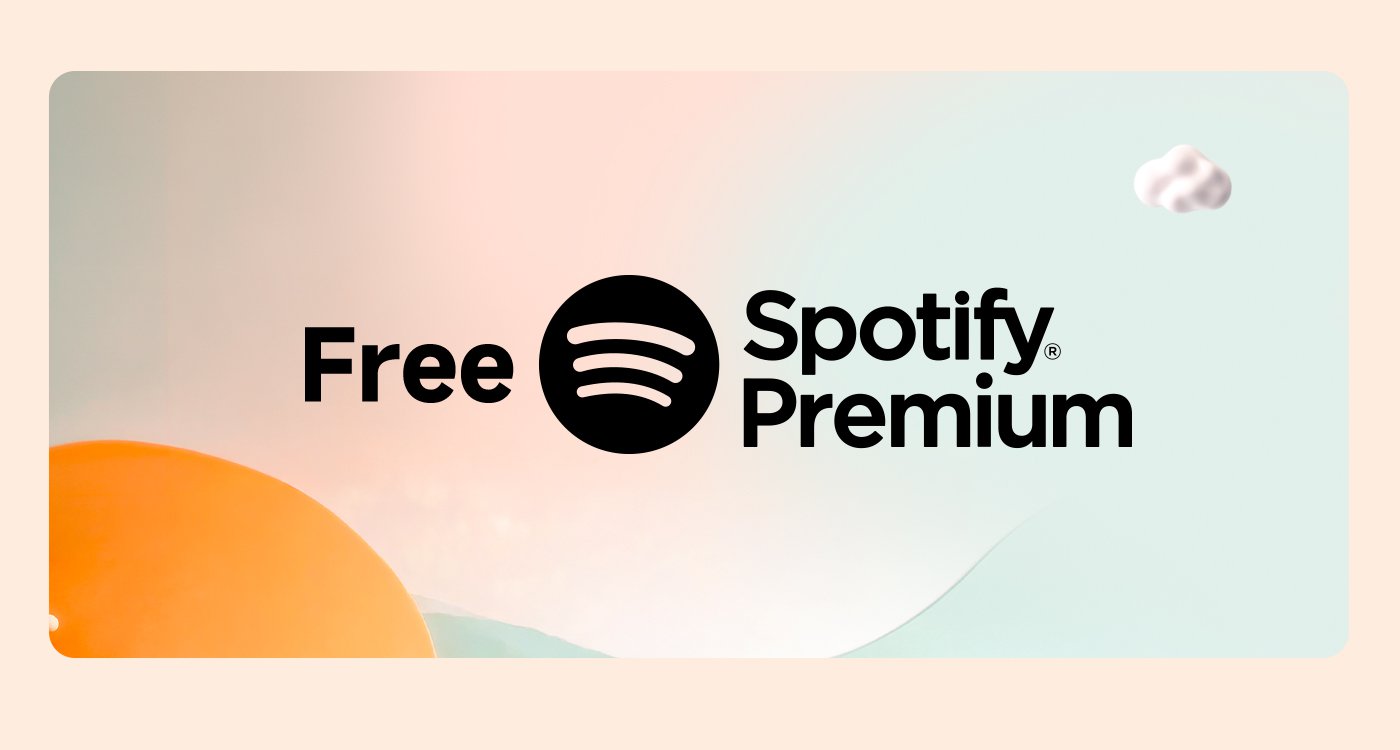 A card that says "Free Spotify Premium," with a gradient background and some abstract shapes.
