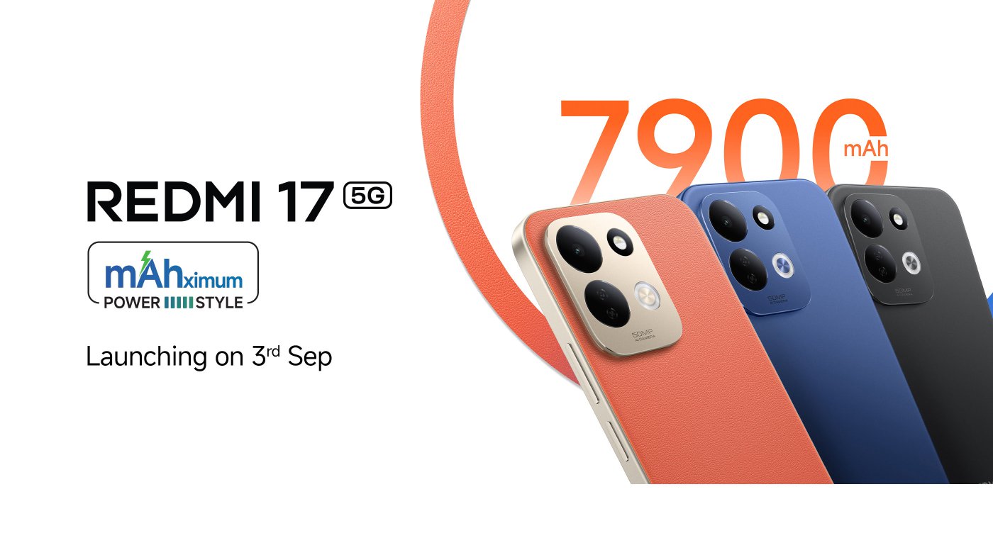 A promotional image showcasing three different colored REDMI 17 5G smartphones, emphasizing its 7900mAh battery capacity, and announcing the launch on September 3rd. The background features vibrant colors and design elements.