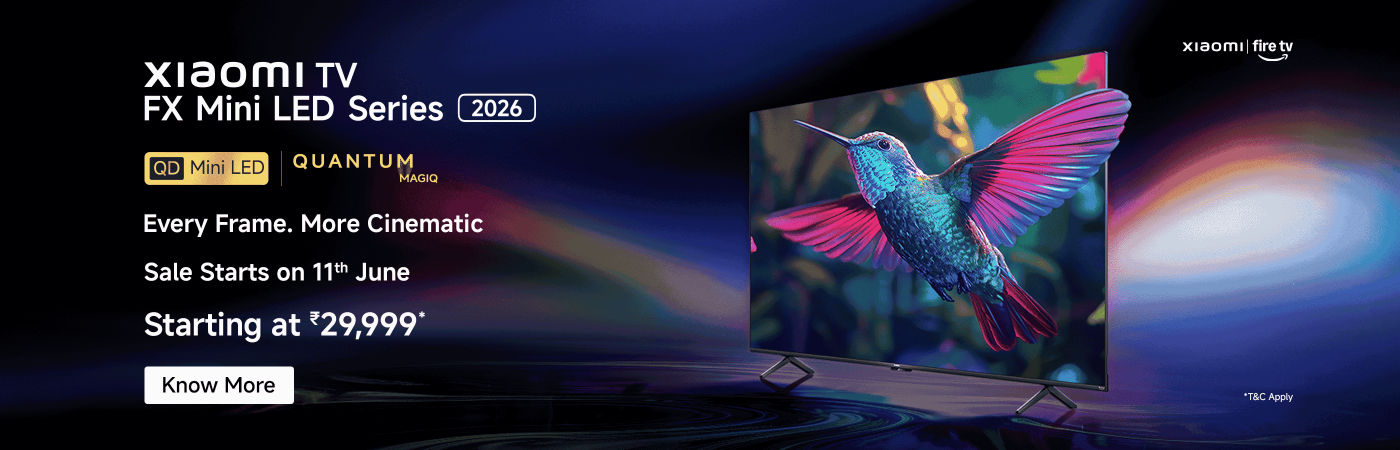 Xiaomi TV FX Mini LED Series 2026 advertisement featuring a vibrant image of a hummingbird. The text highlights features like "QD Mini LED" and "Quantum MaqiQ," stating the sale starts on June 11th, with a starting price of ₹29,999.