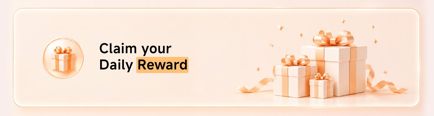 A soft, pastel background features three gift boxes with ribbons, accompanied by decorative elements like stars and ribbons. The text invites users to "Claim your Daily Reward."