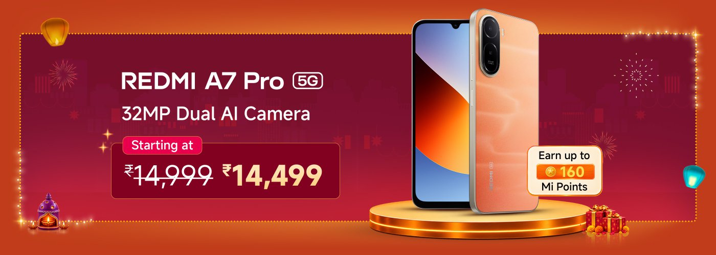 The advertisement showcases the REDMI A7 Pro 5G smartphone, equipped with a 32MP dual AI camera, priced at ₹14,499, down from the original price of ₹14,999. It also mentions earning up to 160 Mi points, with festive decorations in the background.