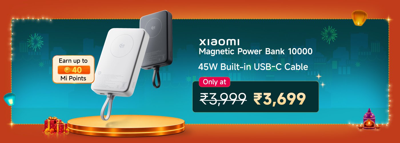 Xiaomi Magnetic Power Bank 10000, featuring a 45W built-in USB-C cable, is priced at ₹3,699, originally ₹3,999. Earn up to 40 Mi Points with the purchase. The background is festive with decorative lights.