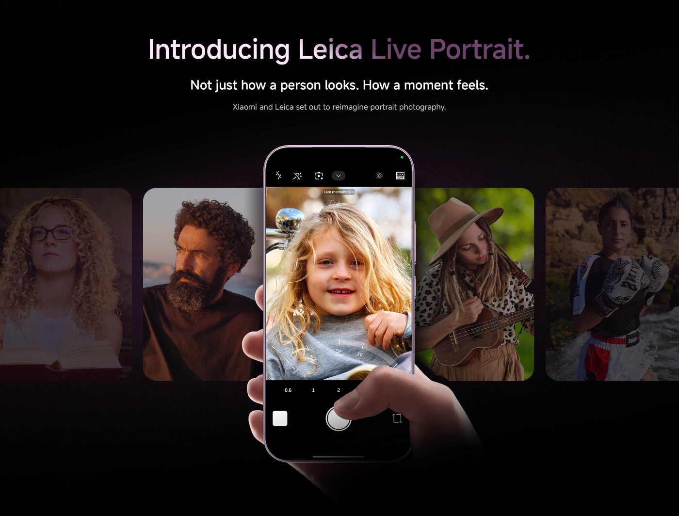Introducing Leica Live Portrait, a feature that emphasizes not just how a person looks but how a moment feels. The image shows a smartphone displaying a portrait photography interface, with various blurred portraits of individuals in the background. The text highlights a collaboration between Xiaomi and Leica to enhance portrait photography.