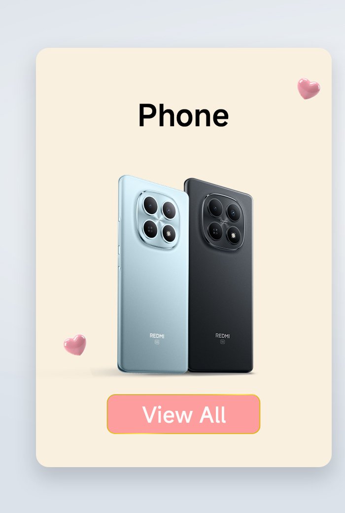 Showcased are two mobile phones, one in blue and the other in black, against a light beige background. At the top, there is the word "Phone," and at the bottom, there is a "View All" button, surrounded by small heart patterns.