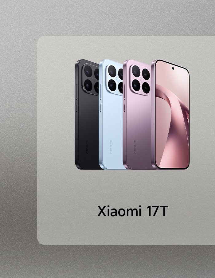 Four Xiaomi 17T phones are displayed side by side, in colors including black, light blue, and light purple, with a gray background.