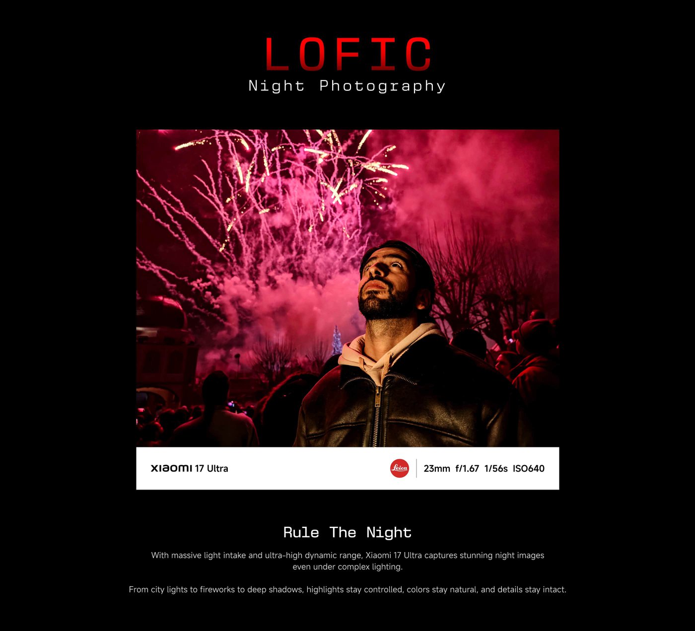 A hand is holding a Xiaomi 17 Ultra smartphone, prominently featuring its camera lens. The background is black with bold red lettering that says "Ultra," and there's a tagline "Rule The night" above the phone.