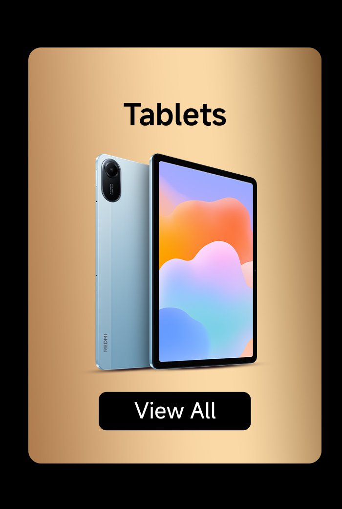 A tablet is showcased, next to it is a mobile phone, with a golden gradient background. At the top, there is the word "Tablets," and at the bottom, there is a "View All" button.