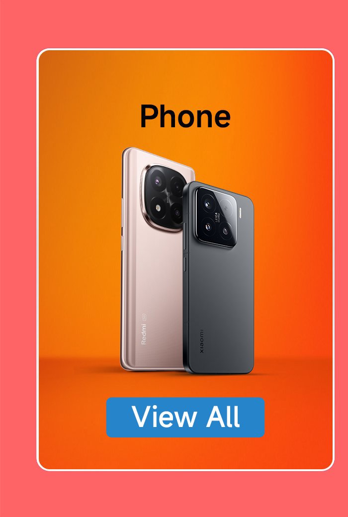 Two smartphones, with an orange background. On the left is a Redmi phone, and on the right is a black Xiaomi phone, with a "View All" button at the bottom.