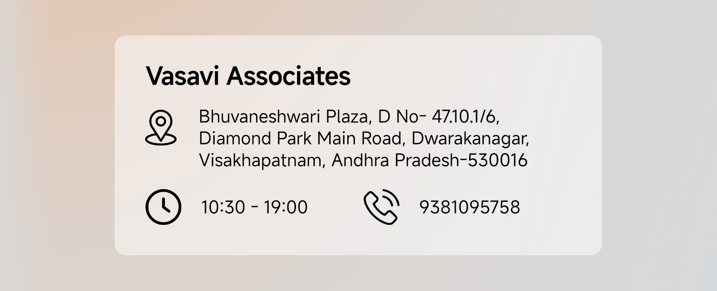 Vasavi Associates  
Bhuvaneshwari Plaza, D No- 4710.1/6, Diamond Park Main Road, Dwarakanagar, Visakhapatnam, Andhra Pradesh-530016  
Hours: 10:30 AM – 7:00 PM  
Phone: 9381095758  