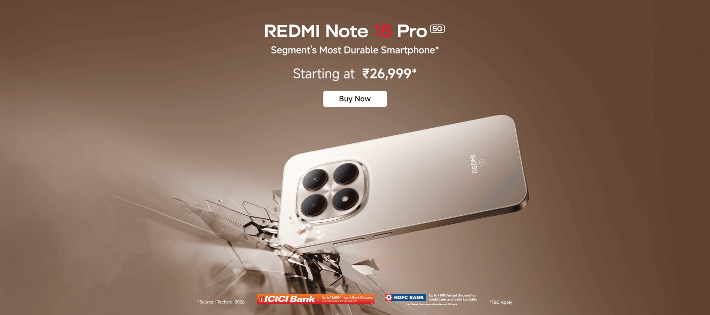 The image features a promotional advertisement for the "REDMI Note 15 Pro 5G." It highlights the phone's advanced 200MP camera, with the tagline "Simply Better." The starting price is listed as ₹26,999, along with options for discounts from ICICI Bank and HDFC Bank. The call to action is "Buy Now."