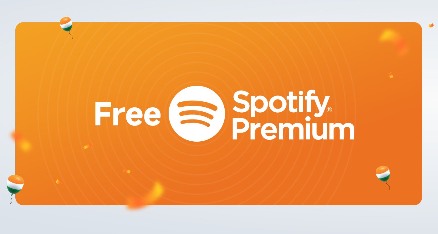 The image features a bright orange background with the text "Free Spotify Premium" prominently displayed. There are festive elements, such as small balloons and confetti, adding a celebratory feel to the design.