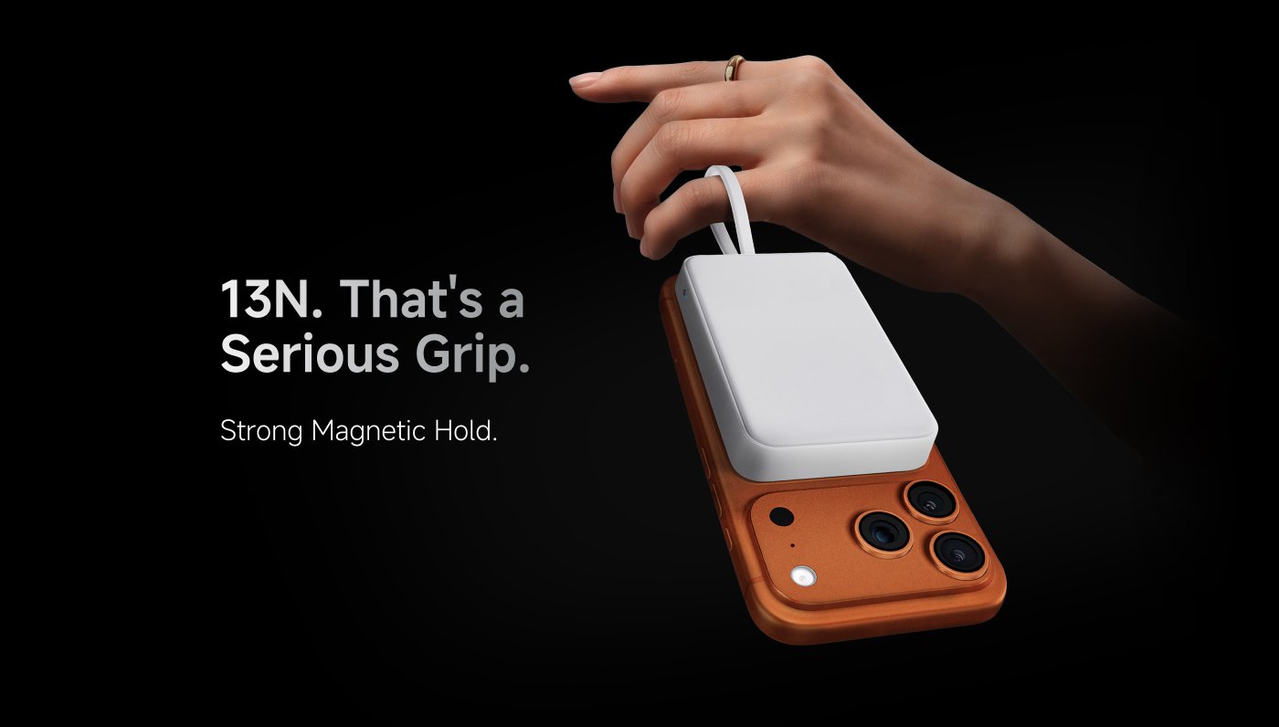 A sleek power bank is depicted, featuring 45W wired charging and a capacity of 10,000 mAh. It is shown hovering above a hand, emphasizing its portability and power. The text highlights the product's capability to meet bigger power demands.
