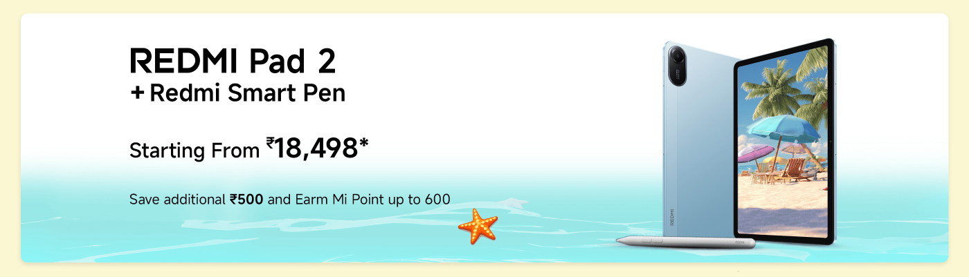 The image features a promotional banner for the REDMI Pad 2 along with a Redmi Smart Pen. It highlights a starting price of ₹18,498, offers a discount of ₹500, and mentions earning Mi Points up to 600. The background includes a beach scene with palm trees and colorful umbrellas.