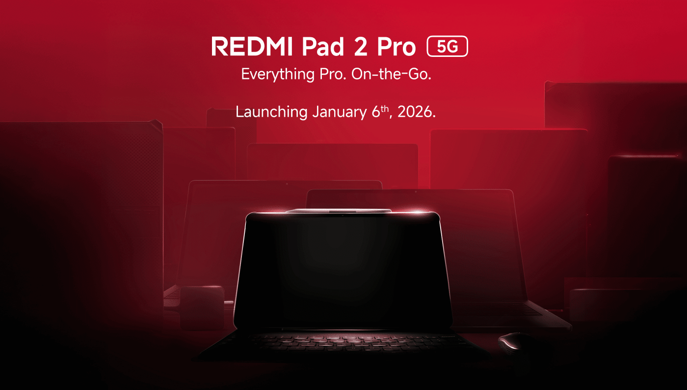 The promotional poster showcases the REDMI Pad 2 Pro 5G, emphasizing "On the road, everything can be professional." The product will be launched on January 6, 2026. The outlines of other devices can be vaguely seen in the background.