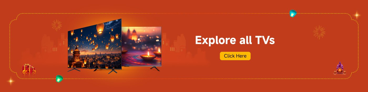 Two televisions are displayed against an orange background, one showing floating lanterns and the other featuring decorative lamps. The text invites viewers to "Explore All TVs" with a clickable button saying "Click Here." Decorative elements include festive lights and gifts.