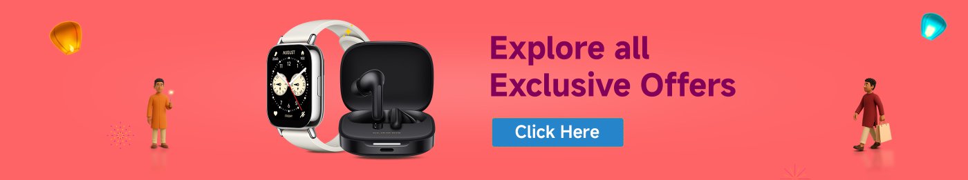 A display of a smart watch and a pair of wireless earphones, with a purple background featuring the text prompts "Explore all Exclusive Offers" and "Click Here," alongside a cartoon character.
