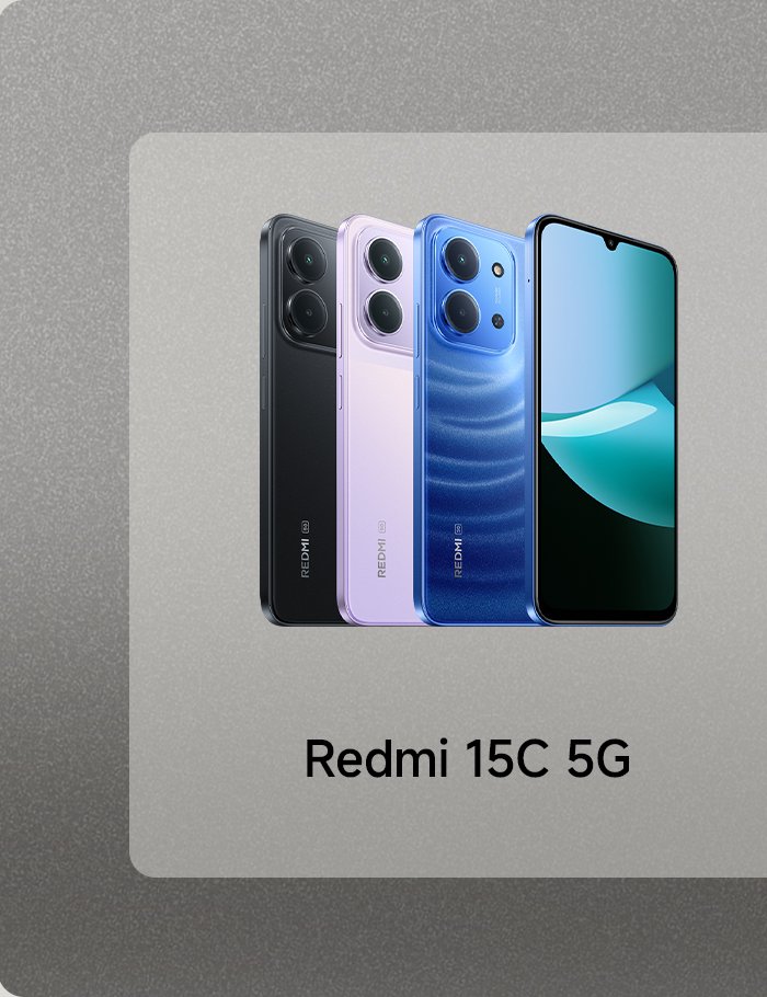 It showcases four different colored Redmi 15C 5G smartphones, with colors including black, purple, and blue, and the front of the phone features a display screen. The background has a simple gray design.