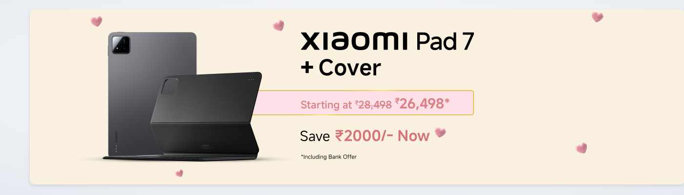 Advertisement for Xiaomi Pad 7 and cover, priced at ₹27,498, starting at ₹20,748, now save ₹250. Includes bank offers.
