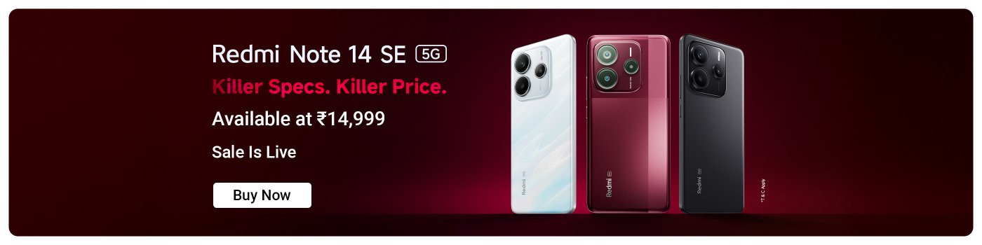 The Redmi Note 14 SE 5G mobile phone is showcased in three colors: white, red, and black. The text describes the phone's specifications and price, which is ₹13,999, and a promotional event is currently ongoing.