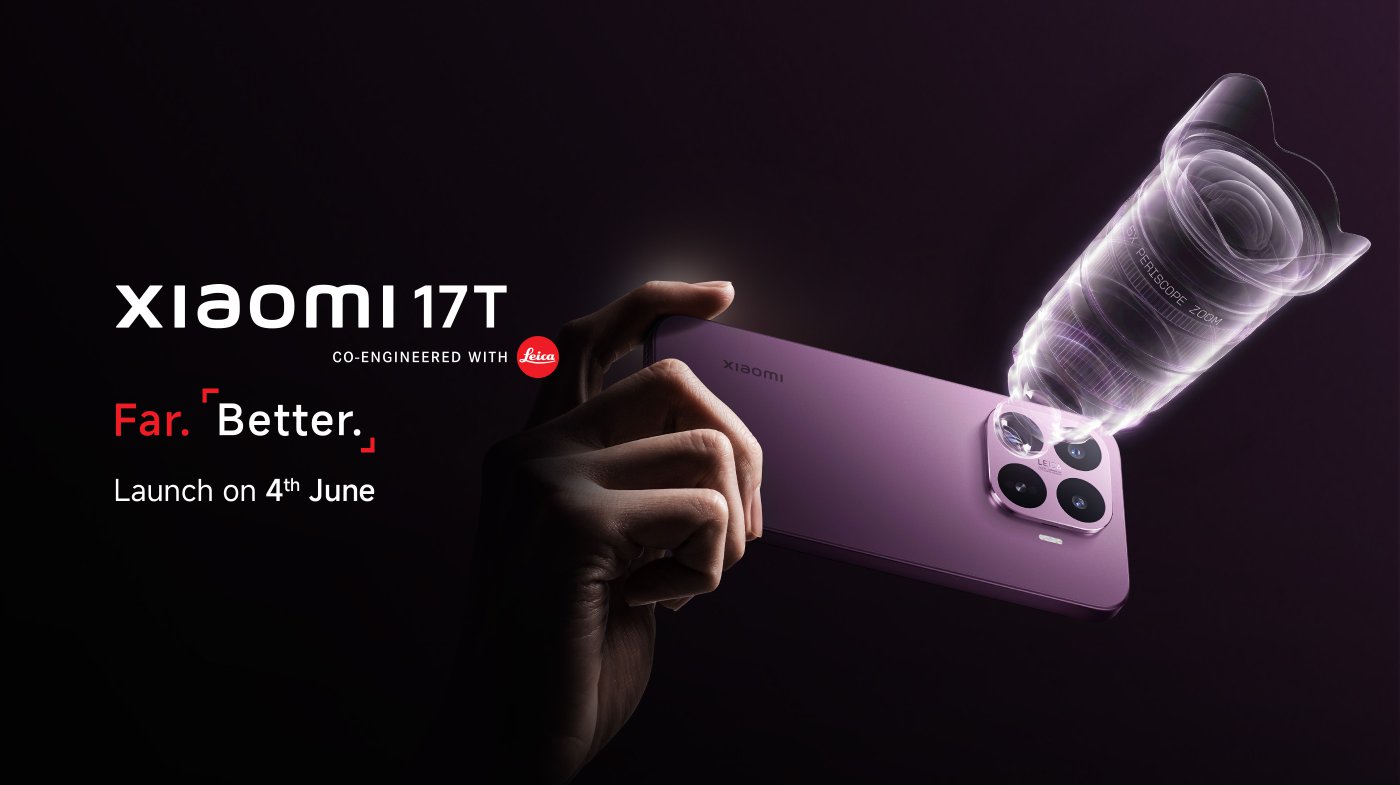 A promotional image for the Xiaomi 17T smartphone, showcasing a hand holding the phone. The design features a purple device with a prominent camera module, including a periscope zoom lens. Text highlights "Far. Better." and announces the launch date as June 4th, alongside the Leica logo, indicating collaboration.