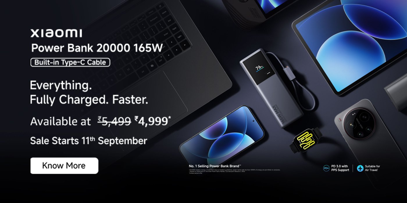 Xiaomi Power Bank 20000, 165W with built-in Type-C cable. Features include fast charging, available for ₹4,999 (originally ₹5,499). Sale starts on 11th September. The design includes a battery percentage display and is suitable for air travel.