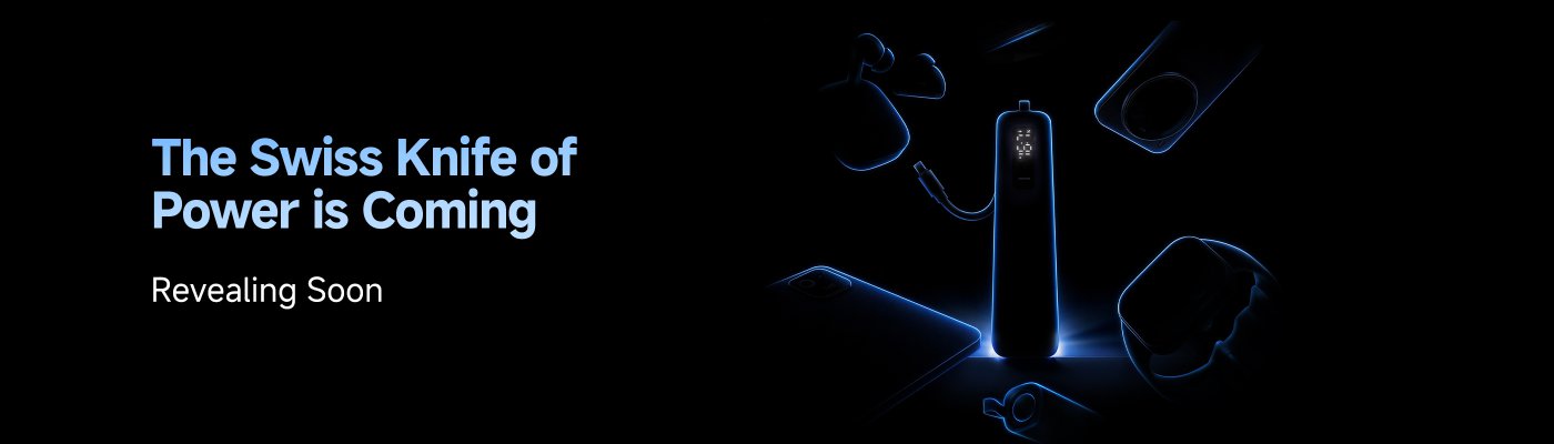 The image features a sleek, illuminated device resembling a power bank, surrounded by various tech accessories like earbuds and a smartphone. The text reads, "The Swiss Knife of Power is Coming" and "Revealing Soon." The overall design is dark with blue accents, conveying a sense of anticipation for the product launch.