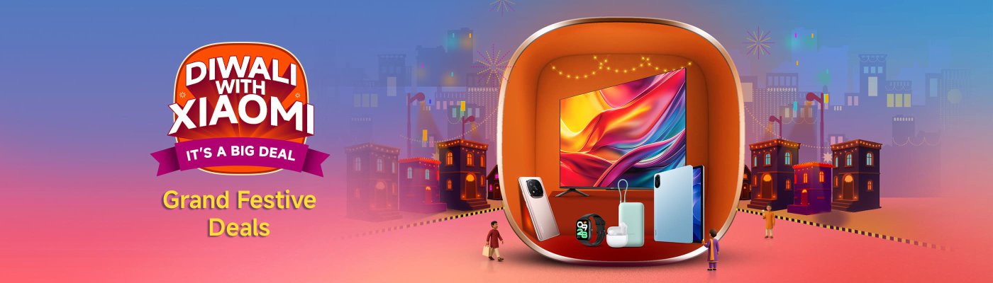 "Diwali with Xiaomi is a big deal coming soon!" This is a promotional graphic showcasing Xiaomi's promotional activities during the festival of lights, with a backdrop of a cityscape adorned with lanterns and fireworks, highlighting the upcoming products.
