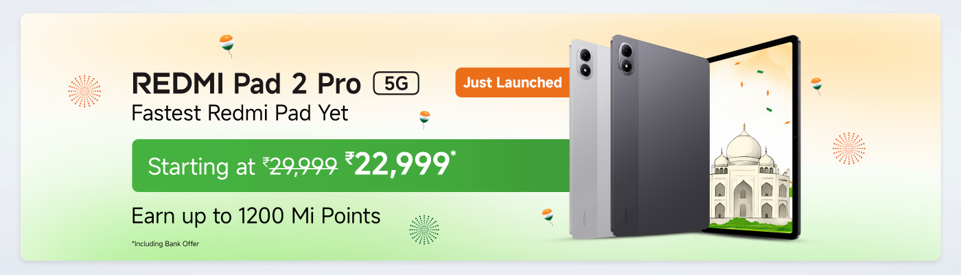 The Redmi Pad 2 Pro 5G has recently been launched, featuring a sleek design in silver and gray. The tablet is advertised as the fastest Redmi Pad yet, starting at ₹22,999 (originally ₹29,999). Customers can earn up to 1200 Mi Points, with a note about a bank offer included.
