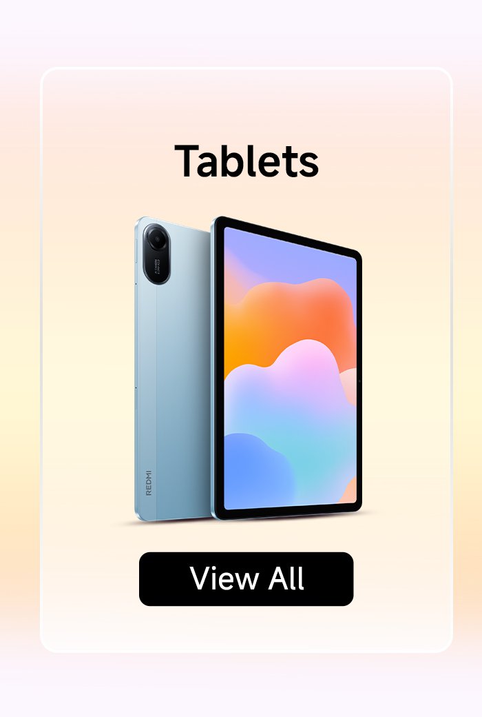A tablet is showcased with a soft gradient background; on the left side is the side view of the device, the right side displays the screen, the top features the word "Tablets," and at the bottom, there is a "View All" button.