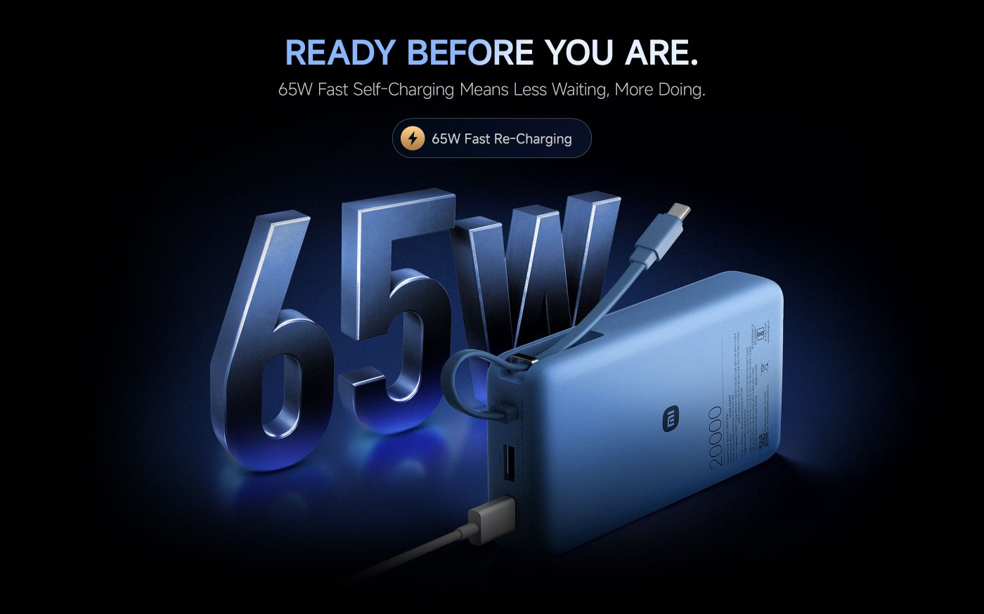 A blue power bank, marked with "67W" and "20000", with a black background. The text includes "NEVER MISS A MOMENT" and "67W Turbo Charging That Keeps Pace with Your Day".