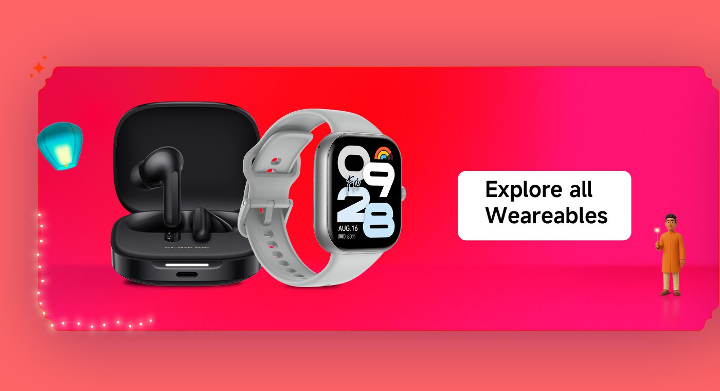 The black headphones and gray smartwatch are displayed side by side, with an orange and purple background, and a button at the bottom that says "Explore all Wearables."