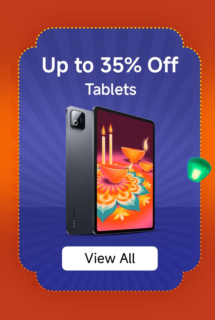 Promotional advertisement, featuring a tablet with a maximum discount of 35%. The advertisement background is orange and purple, showcasing a tablet with lantern and candle designs on the screen, alongside a "View All" button.