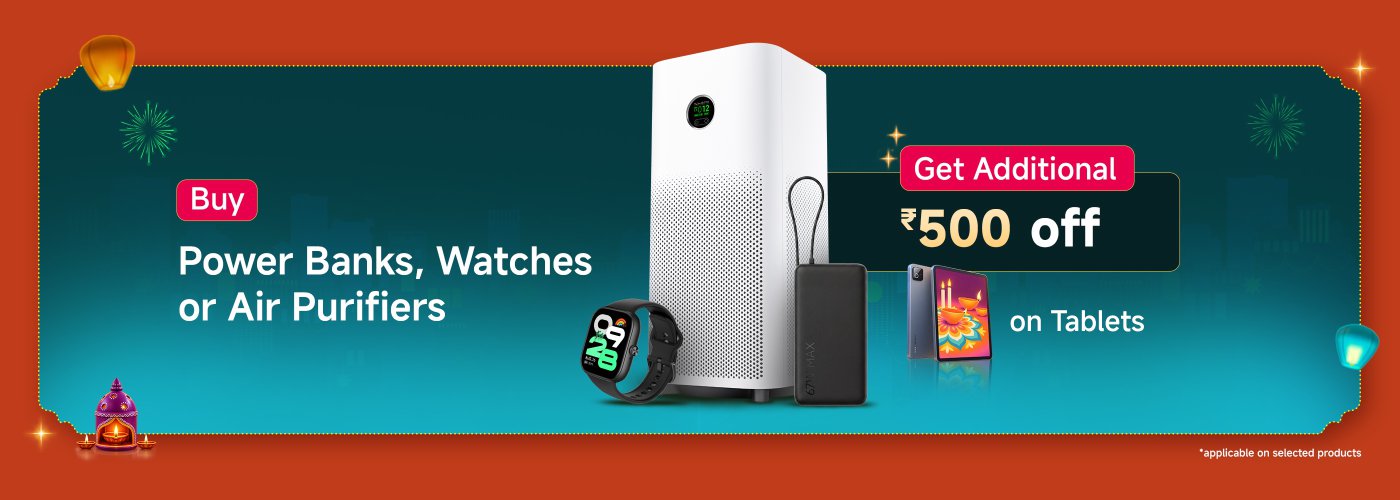 The advertisement showcases discounts on purchasing power banks, watches, or air purifiers, with an additional discount of ₹500 applicable to tablets. The background features festive elements and decorations.
