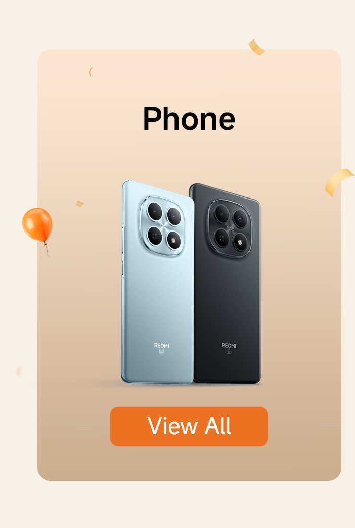 An advertisement showcasing two mobile phones, with a blue phone on the left and a black phone on the right, set against a light-colored background. Balloons and decorative elements are at the top, and there is a "View All" button at the bottom.